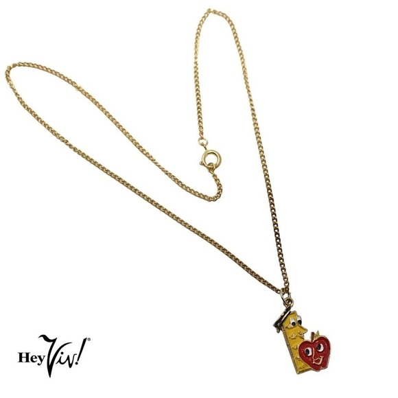 Vintage 80s Enamel Charm Necklace Cute School Teacher Ruler Apple Theme- Hey Viv - Picture 3 of 4